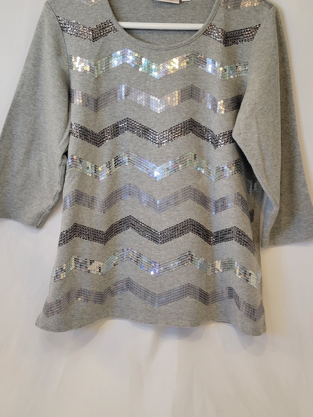 Quacker Factory Gray Knit Top with Iridescent Sequin Stripes